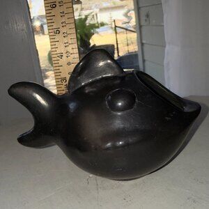 Vtg Black Clay Pottery Lama Oaxaca Mexico Open Mouth BlowFish Signed Vessel